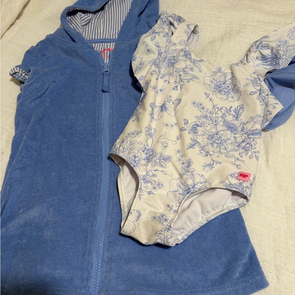 RuffleButts Hooded Kids Cover-Up with White & Blue Floral One-Piece Swimsuit
